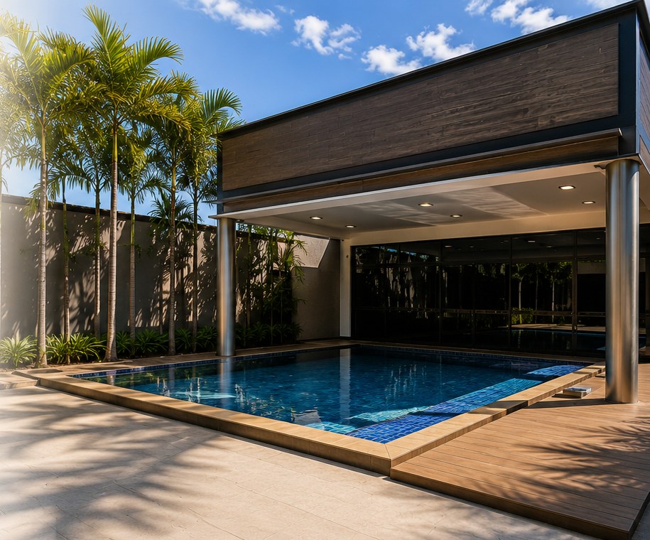 Piscina aquecida do Residencial Colibri cercada por palmeiras
